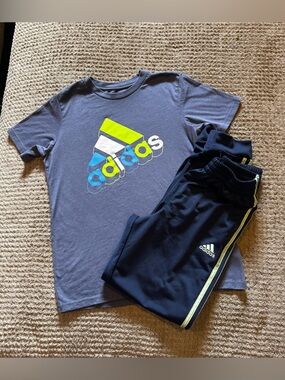 adidas Navy Tee and Track Pants with Neon Yellow & Light Blue Logos
